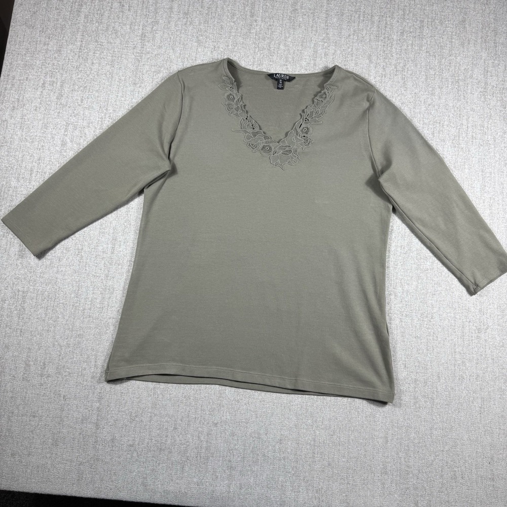 Lauren Ralph Lauren 1X Olive Green Lace Trim V-Neck 3/4 Sleeve Cotton Top